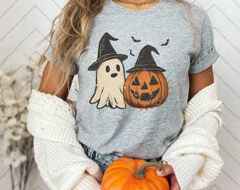 Cute Ghost Halloween Shirt Spooky Season Tee Retro Pumpkin Witch Hat Graphic Fall Festival Top Trick or Treat Apparel Spooky Vibes