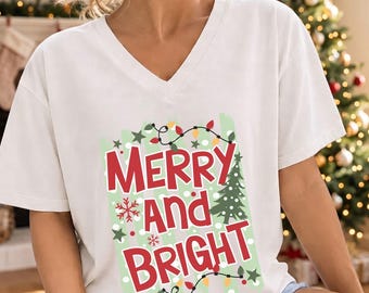 Merry and Bright Shirt, Bella Canvas Christmas V Neck Tee, Colorful Holiday Lights T Shirt, Cute Festive Xmas Women Top