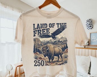 Comfort Colors Land of The Free 250 Boxy Tee, Bison Eagle Tee, USA 250 Vintage America Tee, 4th of July T Shirt, Retro Patriotic Cropped Tee