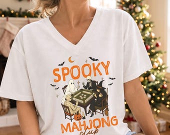 Spooky Mahjong Club Shirt, Halloween Mahjong Player Gift, Bella Canvas V Neck, Funny Ghost Skeleton Graphic Tee, Game Night Top