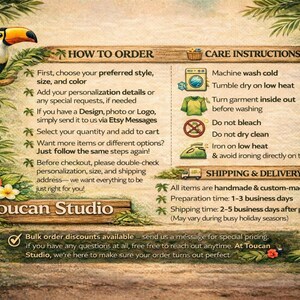 May include: An informational graphic for Toucan Studio featuring a toucan on a branch, tropical foliage, and text sections titled How to Order, Care Instructions, and Shipping & Delivery, with icons for washing, drying, and ironing instructions.