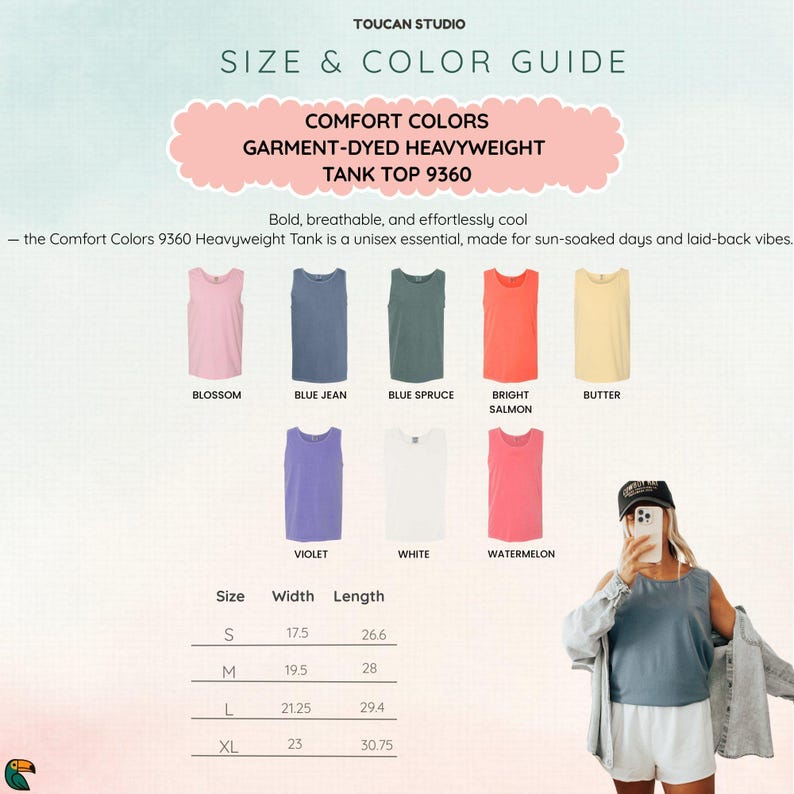 以下が含まれることがあります： Comfort Colorsのガーメントダイヘビーウェイトタンクトップ9360のサイズとカラーガイド。ブロッサム、ブルー・ジーン、ブルースプルース、ブライトサーモン、バター、バイオレット、ホワイト、ウォーターメロンのタンクトップが表示されています。インチ単位の測定値。