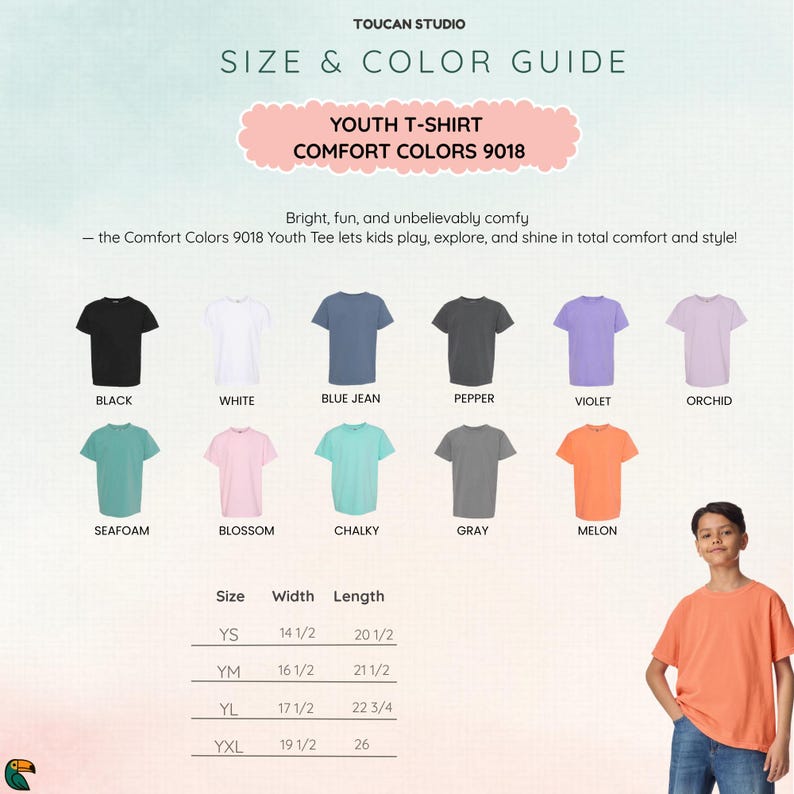 K&ouml;nnte beinhalten: Gr&ouml;&szlig;en- und Farbf&uuml;hrer f&uuml;r Jugend-T-Shirts, mit verschiedenen Farben wie Schwarz, Wei&szlig; und Blue Jean. Die Ma&szlig;e sind in Zoll f&uuml;r die Gr&ouml;&szlig;en YS, YM, YL und YXL angegeben. Der Text lautet "YOUTH T-SHIRT COMFORT COLORS 9018".