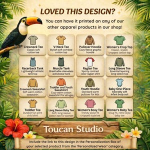 May include: An advertisement for apparel products featuring a toucan illustration. The image showcases various clothing items like t-shirts, hoodies, and baby onesies. The text encourages customers to personalize their selected products.