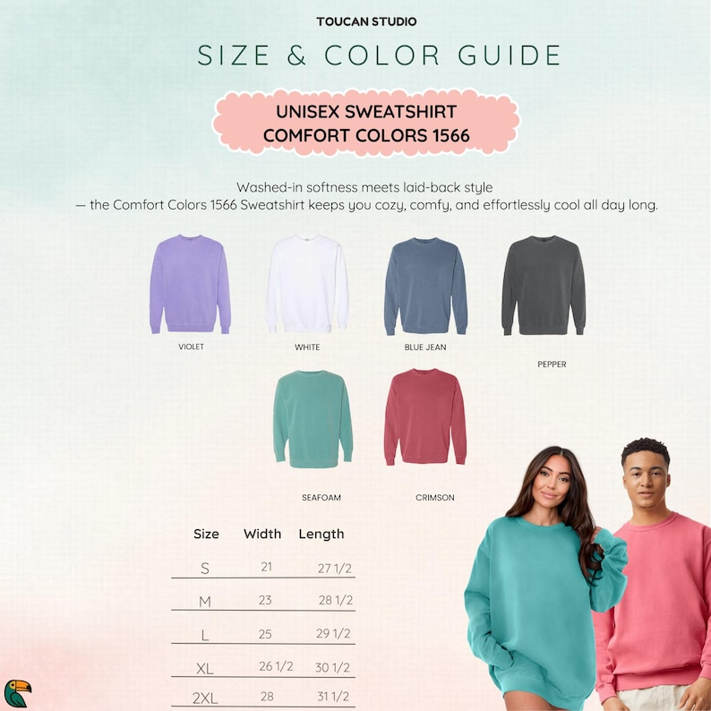 K&ouml;nnte beinhalten: Gr&ouml;&szlig;en- und Farbf&uuml;hrer f&uuml;r Unisex-Sweatshirts. Das Bild zeigt Sweatshirts in Violett, Wei&szlig;, Blue Jean, Pfeffer, Meerschaum und Karmesinrot. Der F&uuml;hrer enth&auml;lt Gr&ouml;&szlig;enangaben in cm.