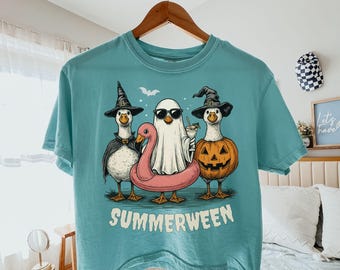 Summerween Goose Comfort Colors® Boxy Crop Tee, Halloween in July Ghost T-Shirt, Spooky Summer Geese Tee, Cute Ghost Witch Pumpkin Gift