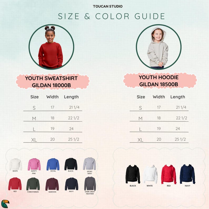 Op de afbeelding: Een maat- en kleurengids van Toucan Studio voor sweatshirts en hoodies voor kinderen. De gids bevat maattabellen met afmetingen in cm en een kleurenpalet met verschillende kleuren.