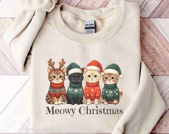 Meowy Christmas Sweatshirt, Cat Christmas Shirt, Cat Lover Xmas T-Shirt, Christmas Cat Mom Sweater, Catmas Gift For New Year, Xmas Crewneck