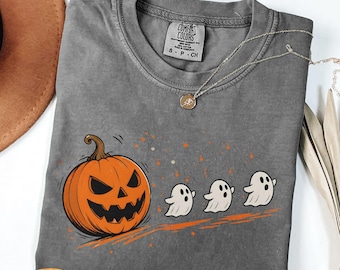 Comfort Colors Halloween Pumpkin Eat Ghost Shirt, Funny Halloween Shirt, Halloween Gamer Gift, Halloween Party Tee, Pumpkin Pac Man Shirt