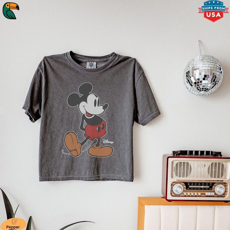 K&ouml;nnte beinhalten: Dunkelgraues T-Shirt mit einem Mickey Mouse-Motiv. Die Zeichentrickfigur ist in Schwarz, Rot und Beige dargestellt. Das T-Shirt hat einen Rundhalsausschnitt und kurze &Auml;rmel. Das Disney-Logo ist auf dem T-Shirt sichtbar.