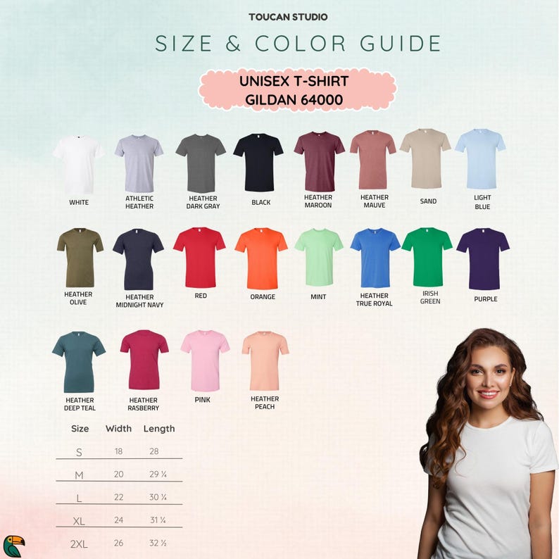 May include: Size and color guide for unisex Gildan 64000 t-shirts. The guide displays various t-shirt colors, including white, black, red, and blue. The size chart shows width and length measurements in inches for sizes S to 2XL.