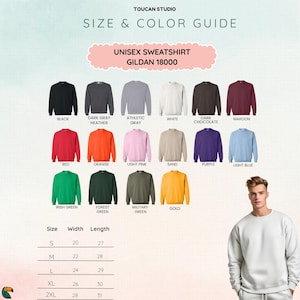 May include: A size and color guide for unisex sweatshirts, featuring a variety of colors including black, red, and gold. The guide includes a size chart with measurements in inches for width and length. The brand name "TOUCAN STUDIO" is at the top.
