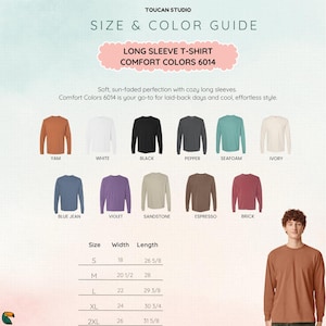 K&ouml;nnte beinhalten: Gr&ouml;&szlig;en- und Farbf&uuml;hrer f&uuml;r Langarm-T-Shirts. Der F&uuml;hrer zeigt verschiedene Farben wie Yam, Wei&szlig;, Schwarz, Pfeffer, Meerschaum, Elfenbein, Blue Jean, Violett, Sandstein, Espresso und Ziegel. Gr&ouml;&szlig;enangaben in cm.