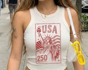 Statue of Liberty Tank, Bella Canvas USA 250 Vintage America Micro Cropped Racer Tank, 4th of July T Shirt, Retro Patriotic Graphic Tee