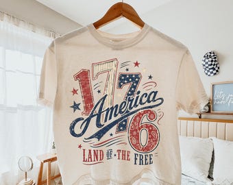 America 1776 Shirt, Land of the Free Crop T-Shirt, Retro Memorial Day Tee 4th of July Tee Patriotic T-Shirts Independence Day Boxy Tee
