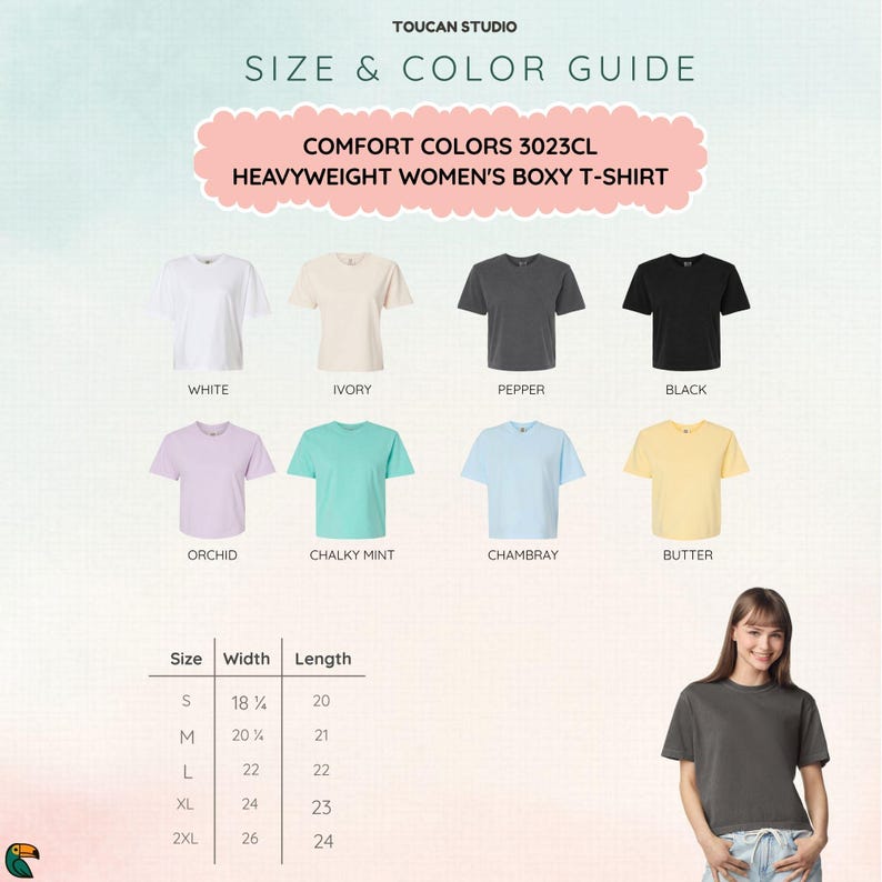 K&ouml;nnte beinhalten: Gr&ouml;&szlig;en- und Farbf&uuml;hrer f&uuml;r ein Comfort Colors 3023CL Heavyweight Boxy T-Shirt. Der F&uuml;hrer zeigt das T-Shirt in acht Farben: Wei&szlig;, Elfenbein, Pfeffer, Schwarz, Orchidee, Kreideminze, Chambray und Butter. Eine Gr&ouml;&szlig;entabelle ist ebenfalls enthalten.