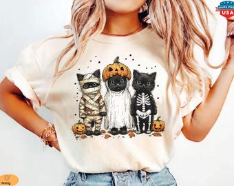 Retro Ghost Halloween Mummy Skeleton Ghost Cats Comfort Colors® Shirt, Spooky Season Cat T-shirt, Cat Lovers Sweatshirt and Long Sleeve Tee