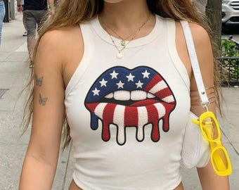 Patriotic Lips Bella Canvas Micro Cropped Racer Tank, American Flag Lips Shirt, 4th of July Tee,Merica Tank Top