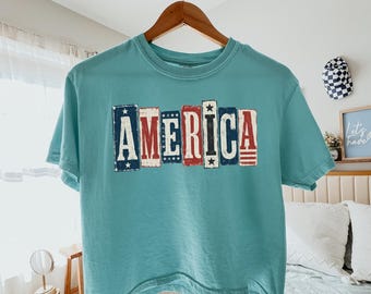 Retro America Top, Comfort Colors USA Cropped Tee, 4th of July Patriotic Shirt, Red White Blue USA Boxy Tee, Summer America Shirt