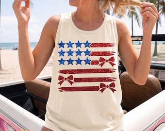 Faux Glitter American Flag Tank Top,Coquette Bow 4th of July Comfort Colors® Tank, Ladies Flag Tee, Patriotic Tank Top,250th America Top
