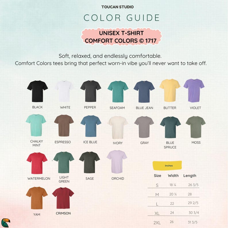 K&ouml;nnte beinhalten: Farb&uuml;bersicht f&uuml;r Unisex-T-Shirts von Toucan Studio. Die &Uuml;bersicht zeigt eine Vielzahl von Comfort Colors T-Shirts in verschiedenen Farben, darunter Schwarz, Wei&szlig; und Violett. Der Leitfaden enth&auml;lt auch Gr&ouml;&szlig;en-, Breiten- und L&auml;ngenmessungen in Zoll.