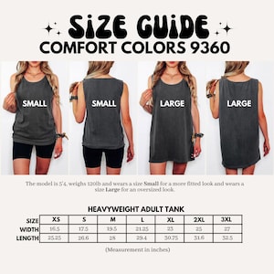May include: Image of a size guide for a heavyweight adult tank top. The guide includes measurements in inches for sizes XS to 3XL. The model is 5'4" and weighs 120lb. The text "SIZE GUIDE COMFORT COLORS 9360" is at the top.