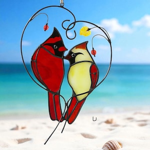 Stained Acrylic Love Birds Suncatcher, Red Bird Couple Window Hanging, Handmade Romantic Glass Decor, Wedding or Anniversary Gift