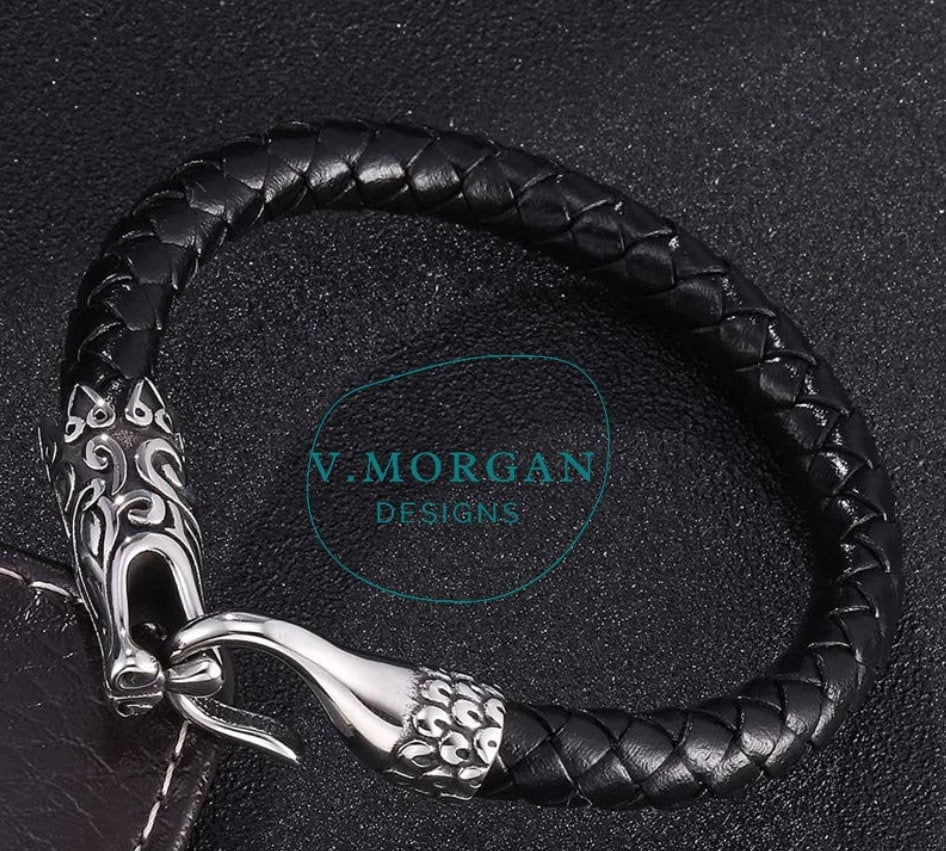 Mens black Leather handmade Braided Bracelet with Steel Magnetic Dragon Clasp, jewelry gift ideas unique steampunk punk rock unique rare