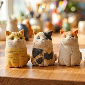 May include: Three ceramic cat figurines in a row, each with unique markings and colors. The first cat is yellow with brown stripes, the second is tan with black spots, and the third is tan with orange ears. They sit on a wooden table.
