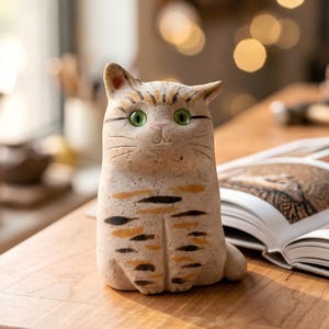 Pode incluir: Estatueta de gato de cerâmica com olhos verdes e um padrão listrado. O gato tem um esquema de cores castanho claro e creme com listras pretas e laranja. A estatueta está em uma superfície de madeira.