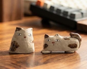 Figura de gato de cerámica Wabi Sabi, pequeña mascota de escritorio de cerámica