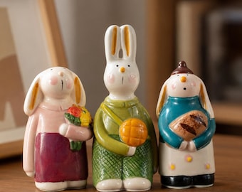 Hand-sculpted Ceramic Figurines: Whimsical Bunny Desk Decor, Storybook Art Gift