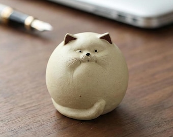 Round Ceramic Cat Figurine Set, Minimalist Desk Art