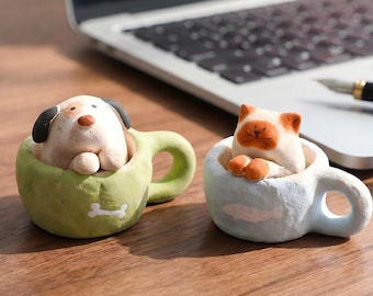 Piedra aromática con forma de gato y perro en taza de té, difusor de aceites esenciales de cerámica hecho a mano