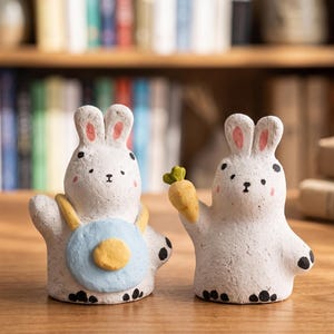 May include: Two white rabbit figurines with textured surfaces. The left rabbit wears a light blue apron with a yellow center. The right rabbit holds a small yellow carrot. Both have pink-tinted ears, black facial features, and black paw markings.