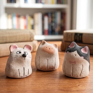 May include: Three small, hand-sculpted clay figurines featuring a white mouse with black whiskers and eyes, a beige cat with a soft orange face, and a black and white cat with pink ears, all displayed as individual decorative animal ornaments.