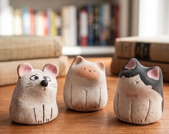 Handmade Ceramic Animal Diffuser Stone: Cat, Mouse Desk Ornament Passive Essential Oil Decor