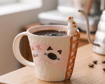 3D Climbing Cat Ceramic Mug: Hand-Painted Underglaze Coffee Tea Cup