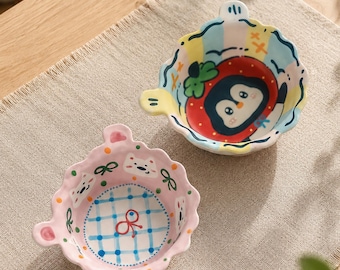 Hand-Painted Ceramic Breakfast Bowl: Kawaii Puppy & Penguin Designs (Microwave Safe)
