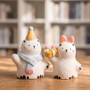 Puede incluir: Dos pequeñas figuras de animales texturizadas en color blanco roto. La figura de la izquierda es un oso con un gorro de fiesta amarillo con puntos de colores y una bufanda azul claro con detalles rosas y verdes. La derecha es un conejo con un regalo.