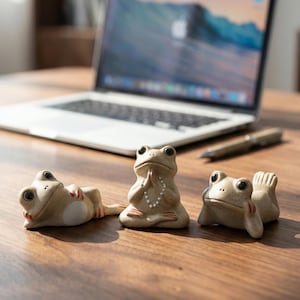 Puede incluir: Tres figuras de ranas de cerámica en varias poses. Una rana está tumbada, otra está sentada con las manos juntas y la tercera está reclinada. Las ranas son de color beige con ojos negros y están sobre una superficie de madera.