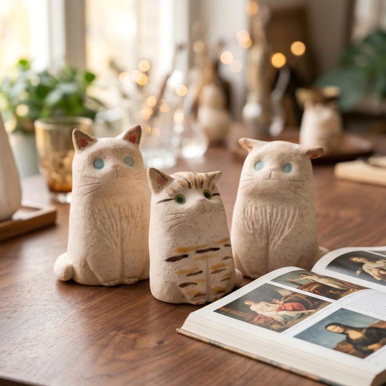 May include: Three ceramic cat figurines in varying shades of beige and tan sit on a wooden table. The cats have blue or green eyes and are in a sitting position. An open book with illustrations is in the foreground.