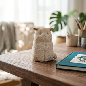 May include: A beige ceramic cat figurine with blue eyes and a pink nose sits on a wooden table. The cat has small, pointed ears with red tips. The figurine is a decorative item, possibly for a home or office.