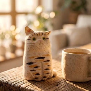 May include: A ceramic cat figurine with black and orange stripes, green eyes, and a pink nose sits on a wooden surface next to a speckled mug. The cat has a whimsical, hand-crafted appearance. The mug is filled with a light-colored liquid.