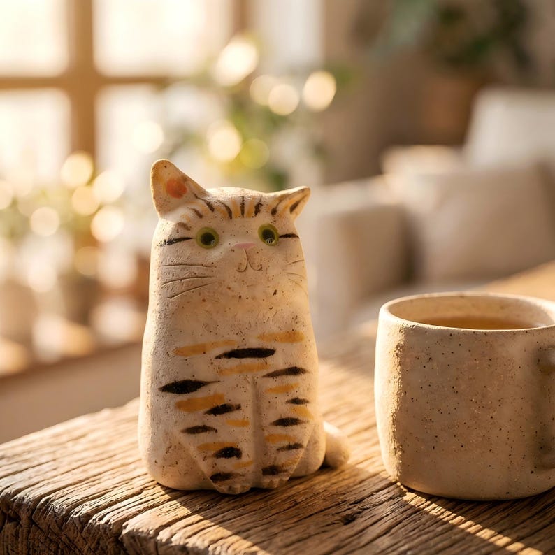 May include: A ceramic cat figurine with black and orange stripes, green eyes, and a pink nose sits on a wooden surface next to a speckled mug. The cat has a whimsical, hand-crafted appearance. The mug is filled with a light-colored liquid.