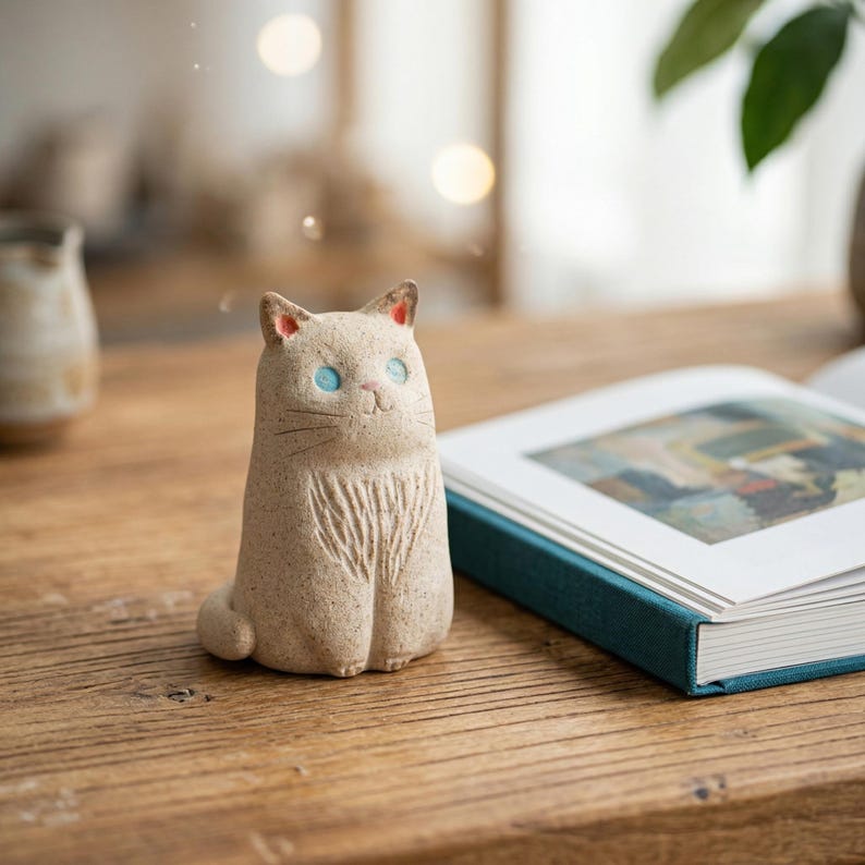May include: A beige ceramic cat figurine with blue eyes and a carved chest detail. The cat has small, pointed ears with red accents. It sits upright on a wooden surface, near an open book with a teal cover.