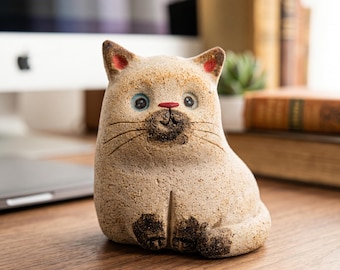 Handmade Unglazed Pottery Cat Passive Aromatherapy Diffuser, Rustic Desk Buddy