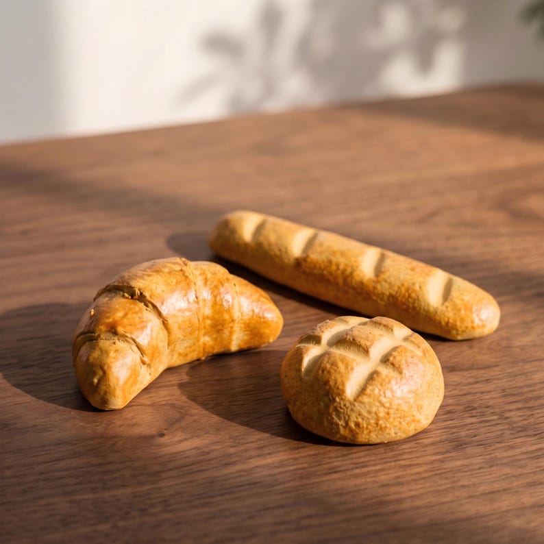 May include: A still-life image of three baked goods on a wooden surface. A croissant, a baguette, and a round bread roll are arranged. The baked goods are golden brown, with detailed textures. The lighting creates shadows.