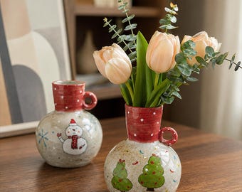 Handmade Ceramic Christmas Vase: Snowman or Tree Design, Rustic Holiday Decor