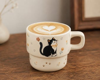 Hand-Painted Ceramic Cat Mug: Cream Floral Tuxedo Cat, Microwave Safe (280ml)
